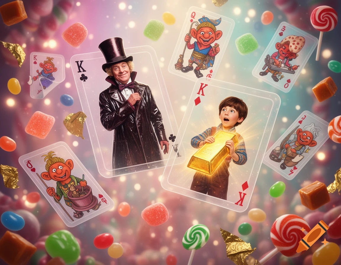 Willy Wonka, Charlie Bucket, and Oompa Loompas on playing cards float amidst colorful candies and golden foil in a whimsical, magical scene.
