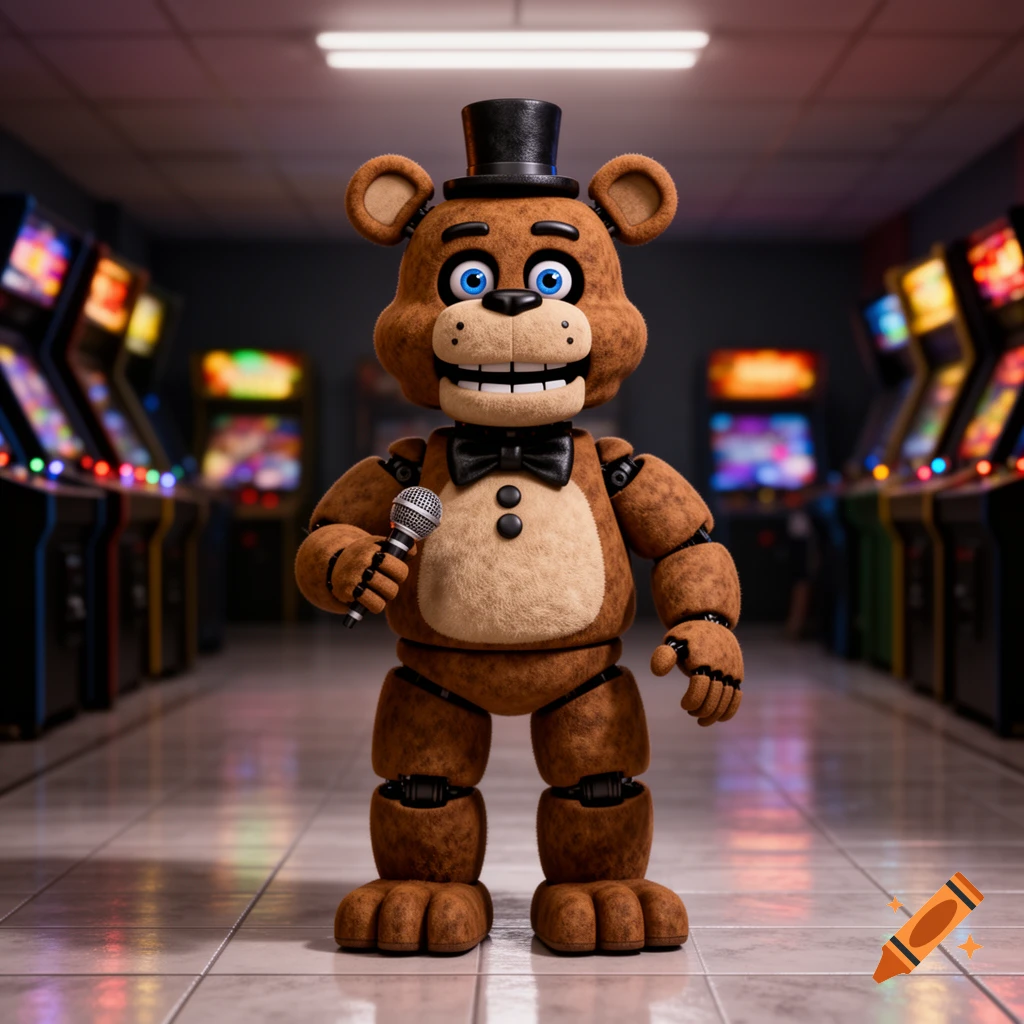 A brown animatronic bear with a top hat, bowtie, and microphone stands in an arcade, facing forward with a wide grin.