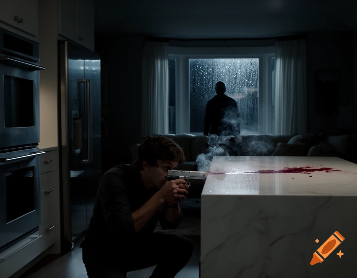 A man crouches with a smoking pistol in a dark kitchen, aiming at a shadowy figure through a rainy window. Blood is on the counter.