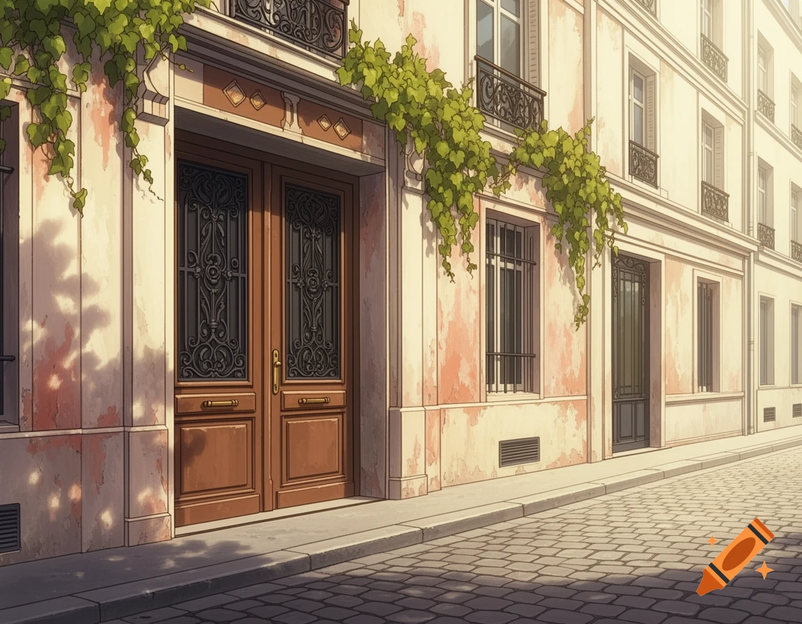 Stylized illustration of a Parisian building entrance with large wooden doors, green vines, and a cobblestone street in sunlight.