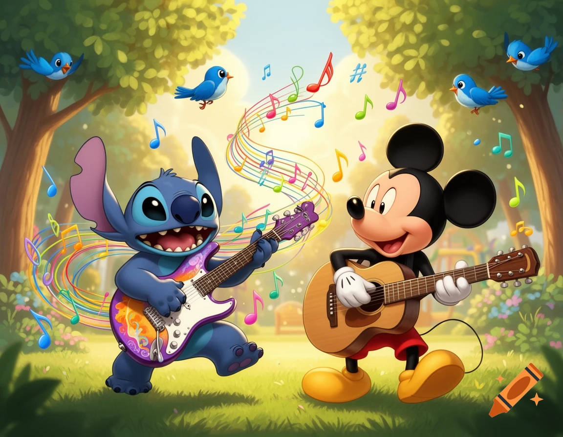 Stitch plays an electric guitar while Mickey Mouse plays an acoustic guitar outdoors, surrounded by colorful musical notes and flying blue birds in a cartoon style.