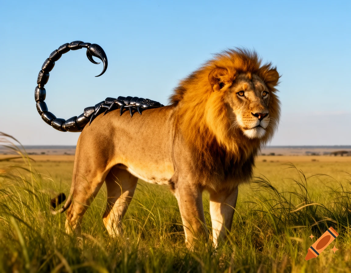 Photorealistic image of a lion with a scorpion's tail and armored back, standing in a grassy savanna.