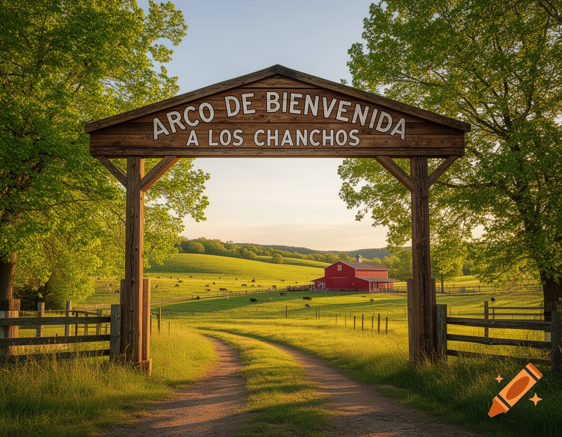 Photorealistic image of a wooden archway sign over a dirt road leading to a red barn in a green, rolling countryside with cattle.
