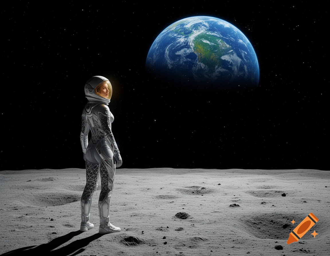 A woman in a white spacesuit stands on the moon, gazing at Earth in the starry night sky. Photorealistic.