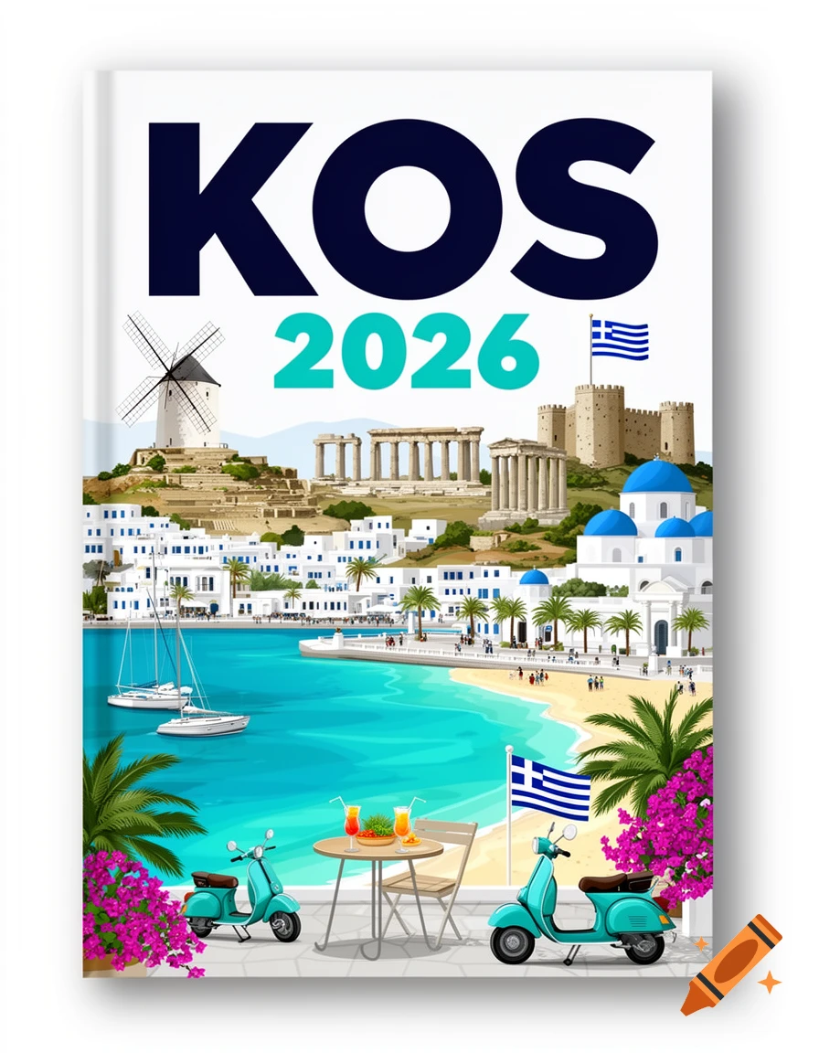 Vibrant flat vector illustration of a travel book cover for Kos 2026, featuring Greek landmarks, a beach, and scooters.