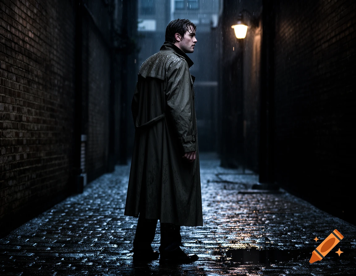 Photorealistic man in a trench coat in a dark, wet alley at night under a street lamp, raining.