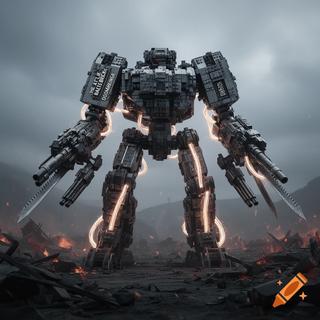 A photorealistic image of a large, heavily armed, dark grey brick-built mech with glowing orange energy conduits, standing in a desolate, debris-filled landscape under a cloudy sky.