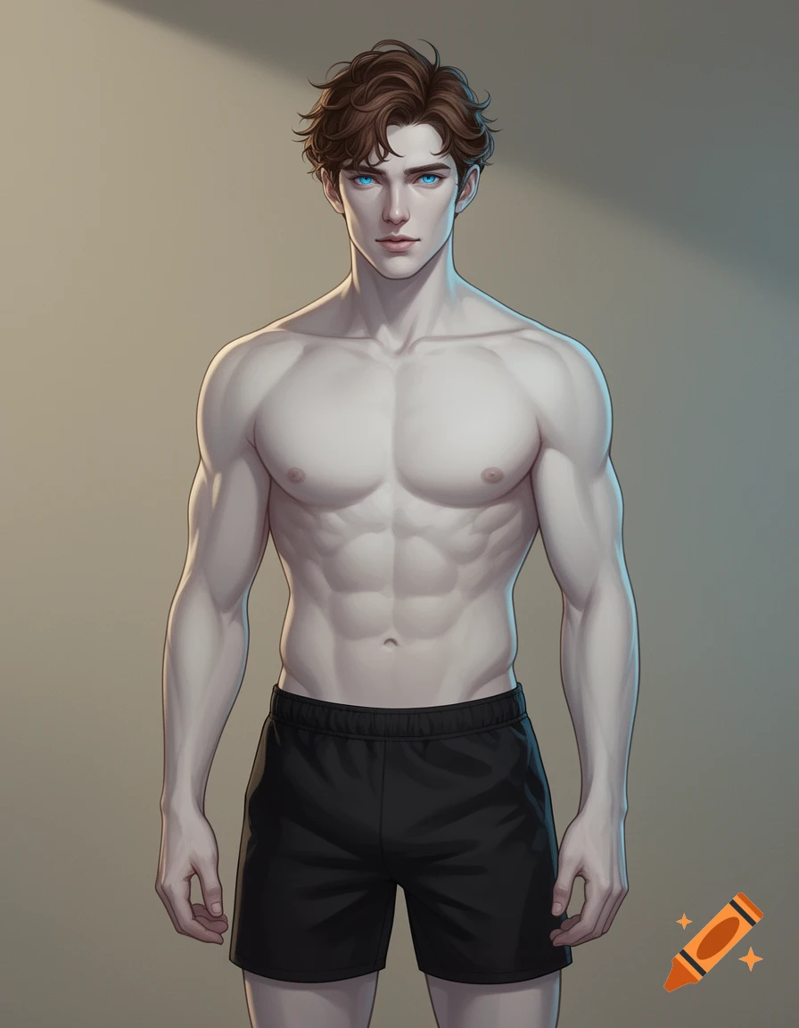 2D anime-style illustration of a shirtless, muscular white male with brown hair and blue eyes, wearing black shorts.
