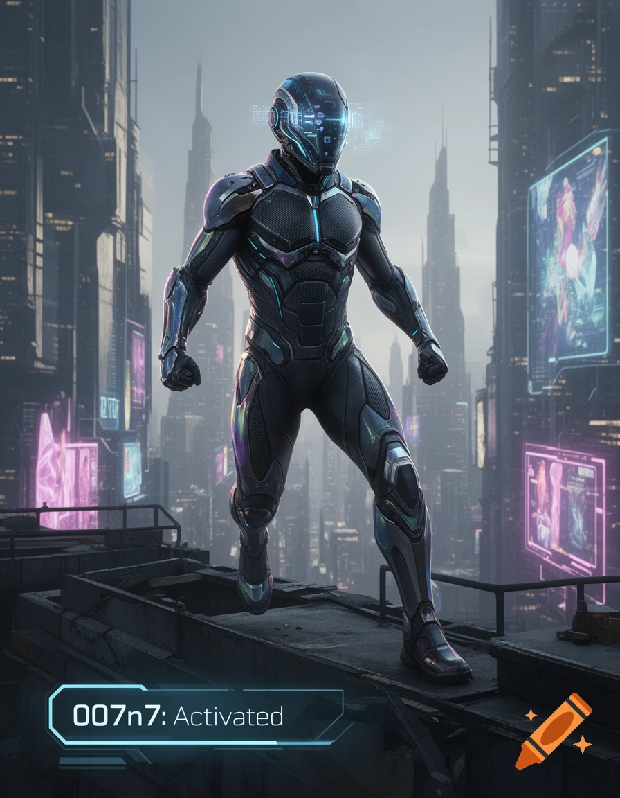 A futuristic character in a sleek black and blue suit stands on a rooftop in a cyberpunk city, with holographic displays and '007n7: Activated' text.