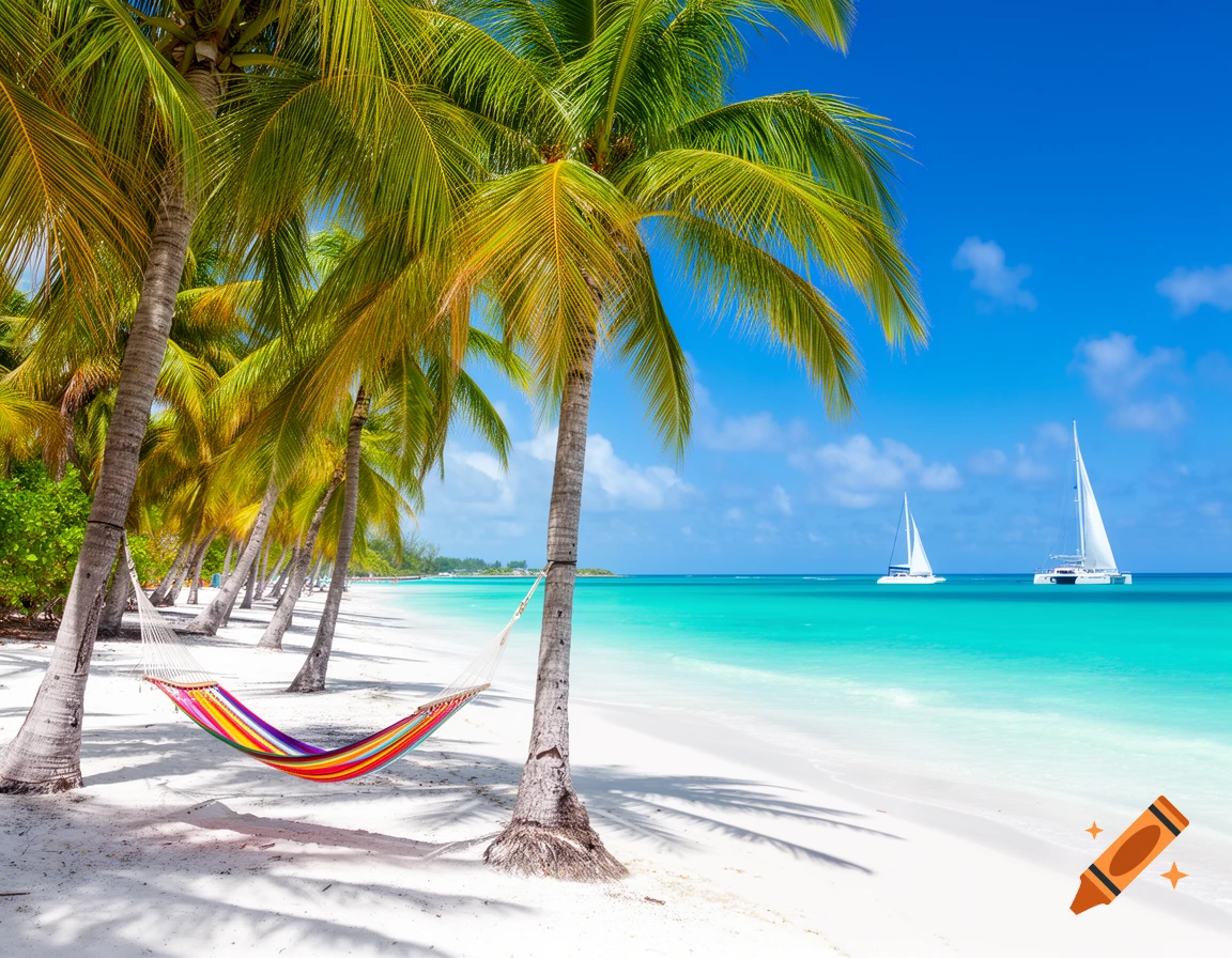 A vibrant tropical beach scene with white sand, palm trees, a colorful hammock, and two sailboats on turquoise water under a blue sky.