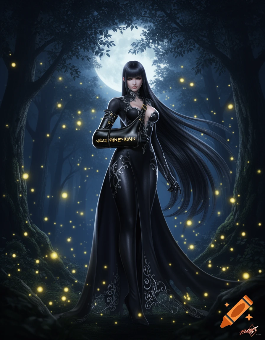 A dark-haired woman in a form-fitting black suit and arm sling stands in a magical forest under a full moon with glowing fireflies.