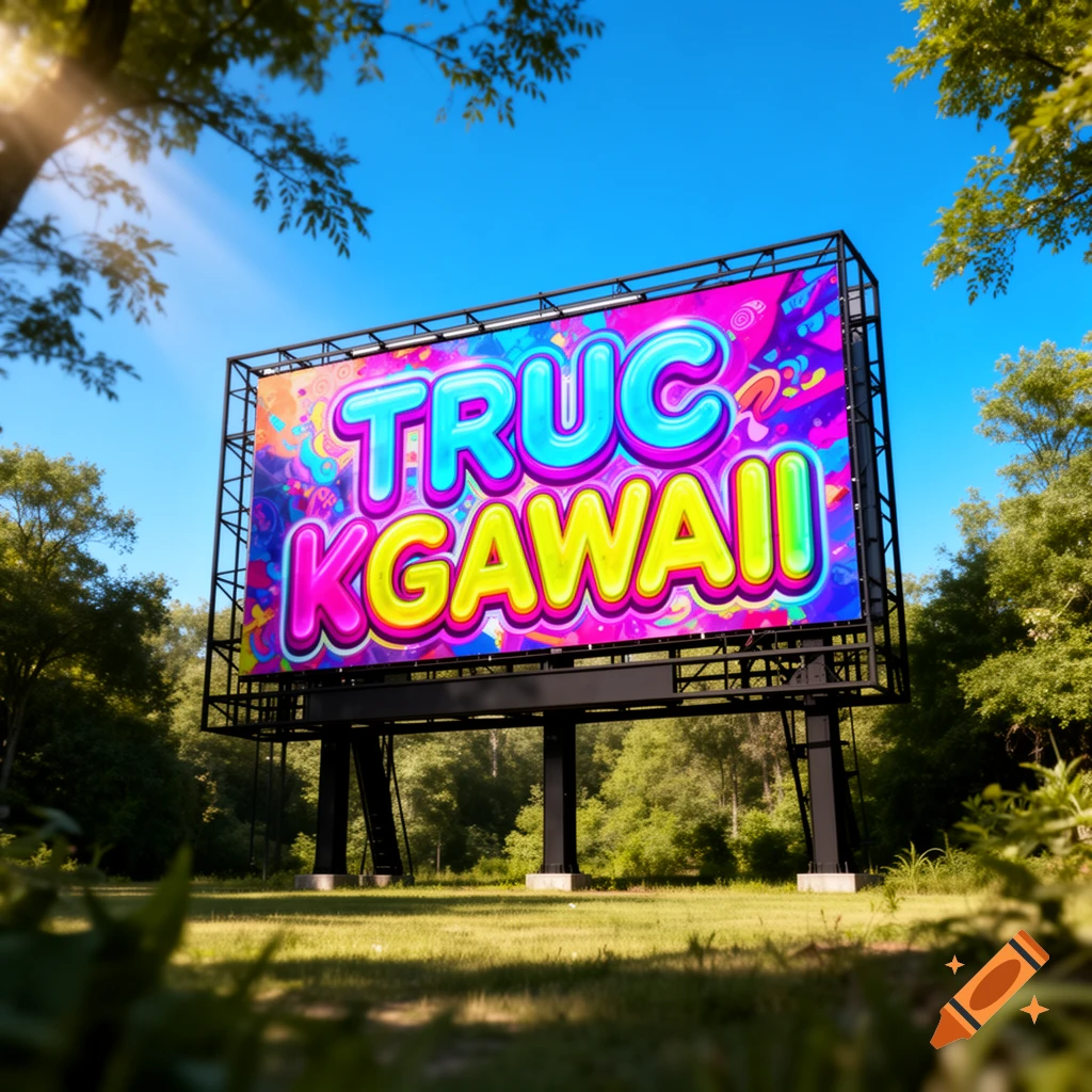 A large, colorful billboard displaying 'TRUC KGAWAII' in a vibrant, bubbly font, set against a sunny blue sky and green trees.