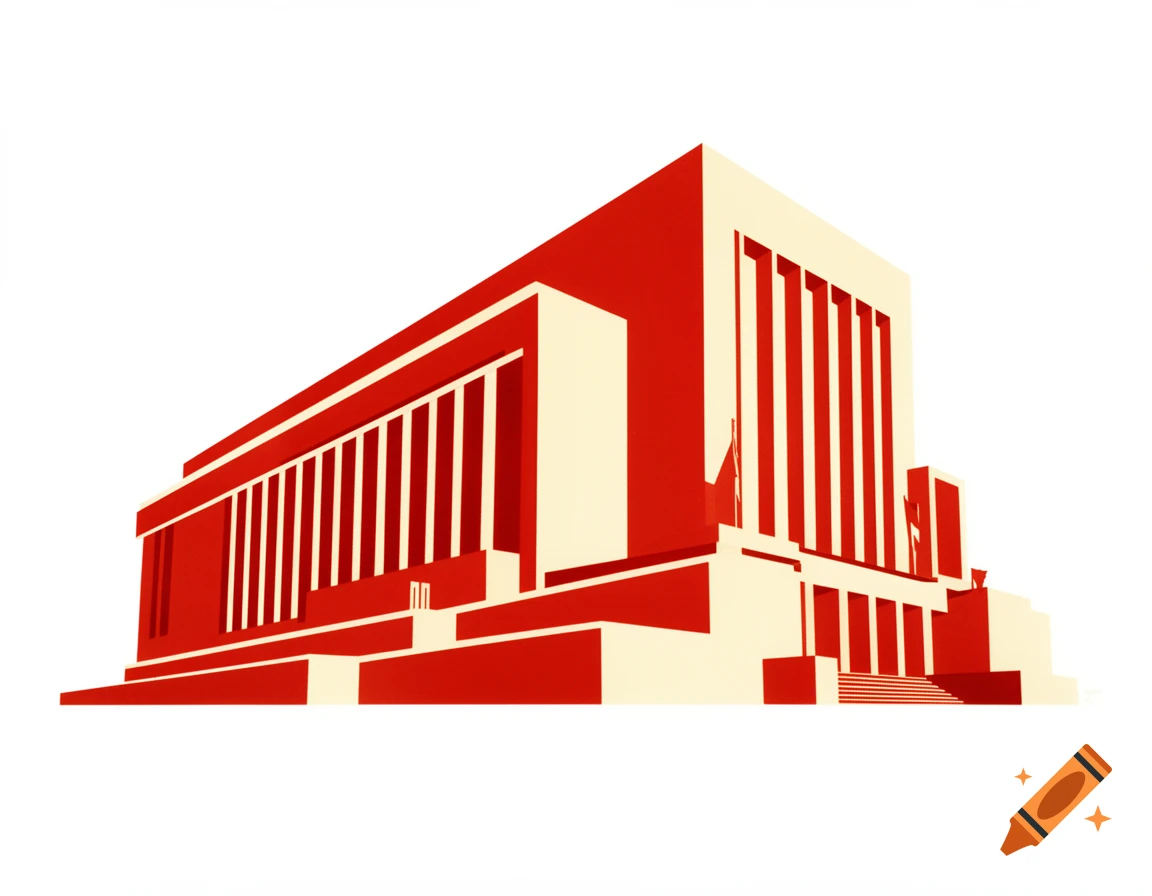 Constructivist illustration of a monumental library building in red and cream on a white background.