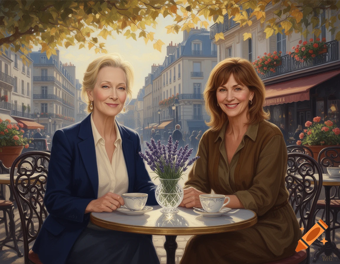 Two smiling women, Meryl Streep and Jodie Foster, at an outdoor cafe table with lavender, in a Parisian street scene.
