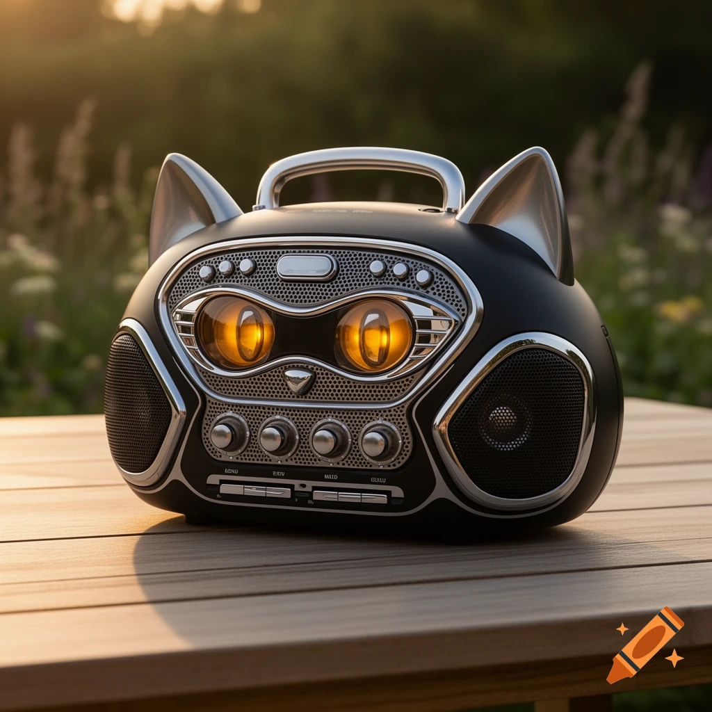 A black and silver boombox designed like a cat's head, with glowing orange eyes, sits on a wooden table outdoors.