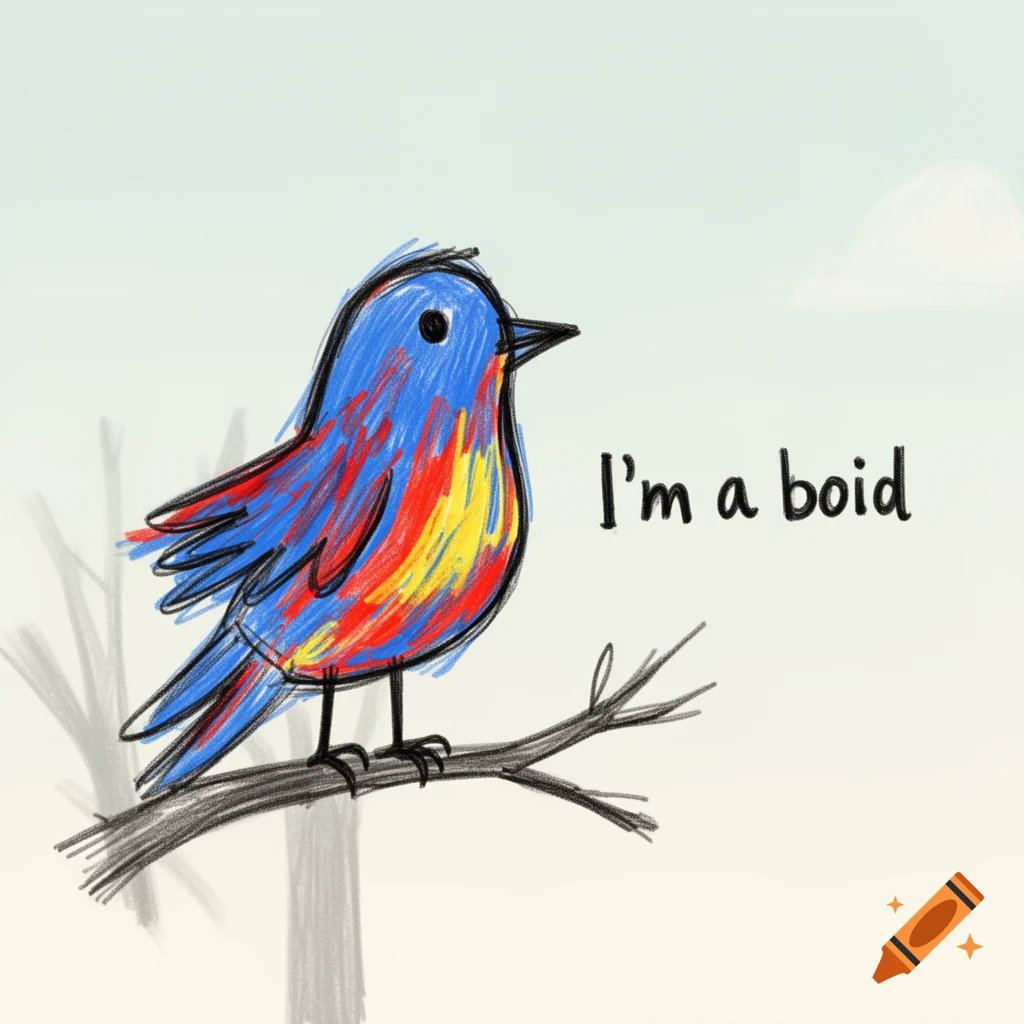 Crude drawing of a colorful bird with blue, red, and yellow feathers, perched on a branch, with the text "I'm a boid" next to it.