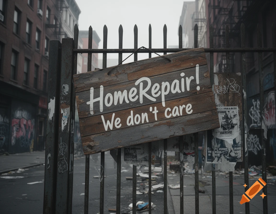 A weathered wooden sign saying "HomeRepair! We don't care" hangs on a rusty metal fence in a gritty, foggy urban street.