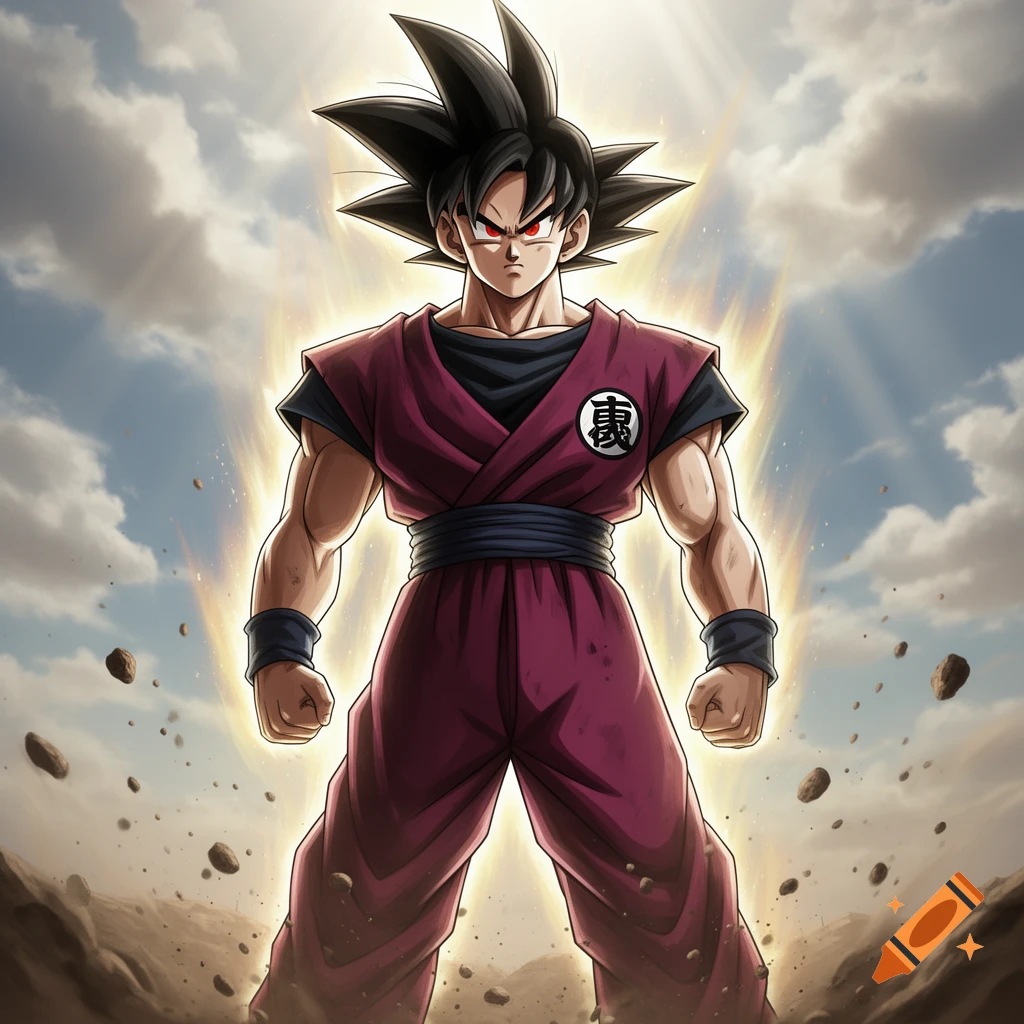 Goku in a burgundy gi with a powerful golden aura, surrounded by flying debris under a cloudy sky. Anime style.