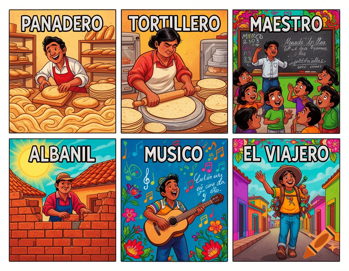A colorful comic book page with six panels in Mexican folk art style, showing a baker, tortilla maker, teacher, construction worker, musician, and a traveler, each with a Spanish label.