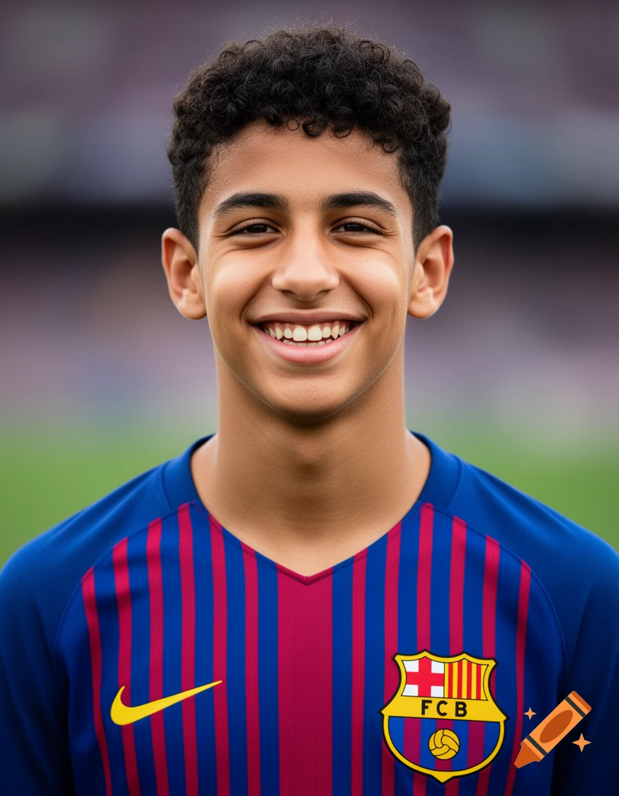 Photorealistic portrait of a smiling young male footballer in an FC Barcelona jersey.