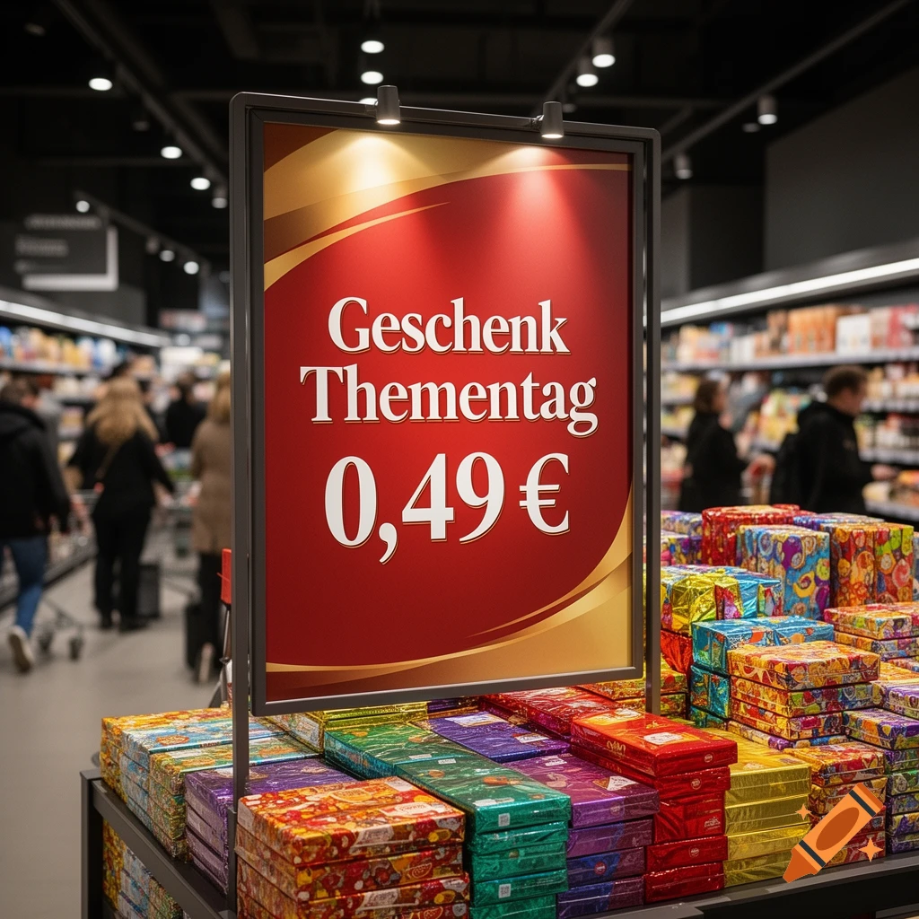 A promotional sign in a supermarket displays "Geschenk Thementag 0,49€" above stacks of colorful gift boxes.