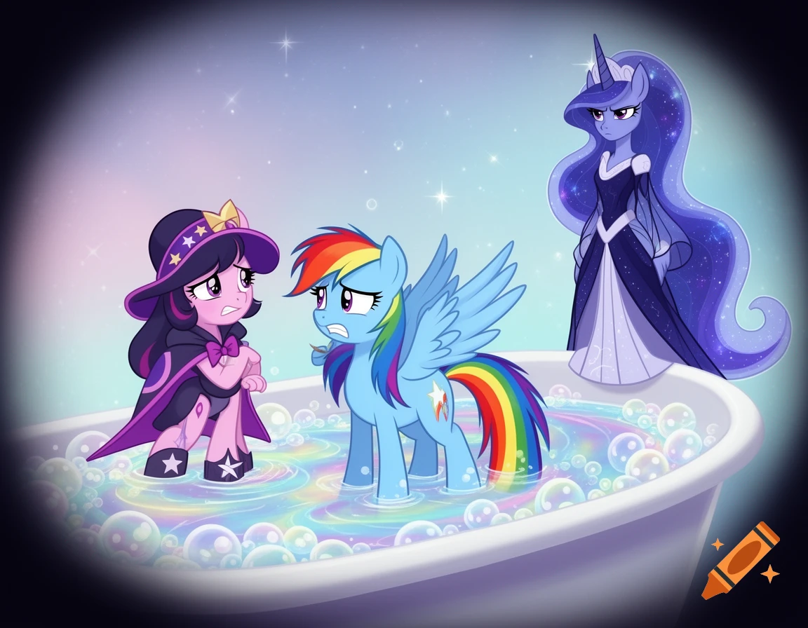 My Little Pony characters Trixie and Rainbow Dash look nervous in a bubble bath as Princess Luna stands by, looking disappointed.
