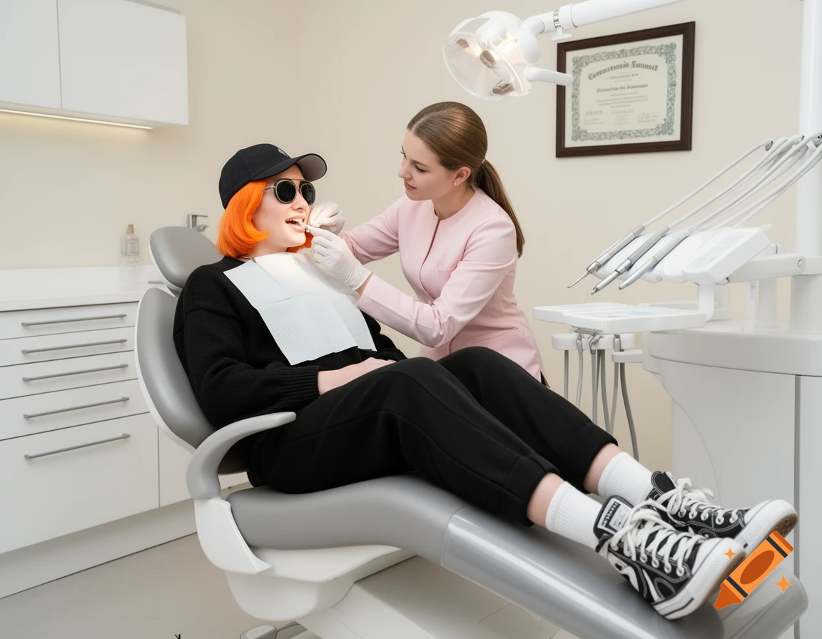 A dental nurse in a pink uniform checks the teeth of a young woman with orange hair and sunglasses in a dentist's chair.