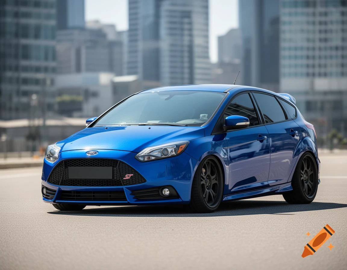 A photorealistic blue Ford Focus ST parked on asphalt with a blurred city skyline.