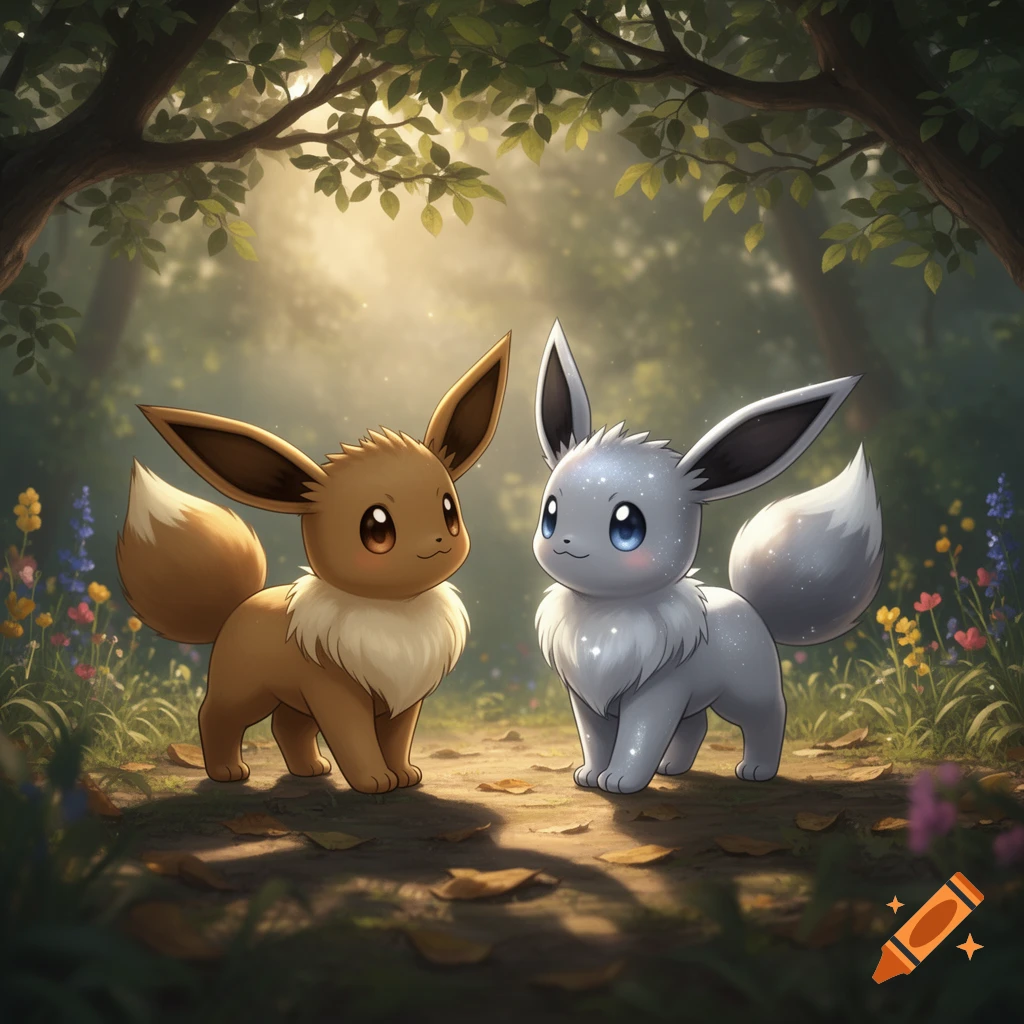 A brown Eevee and a shiny silver Eevee with blue eyes stand in a sunlit fantasy forest clearing with wildflowers.