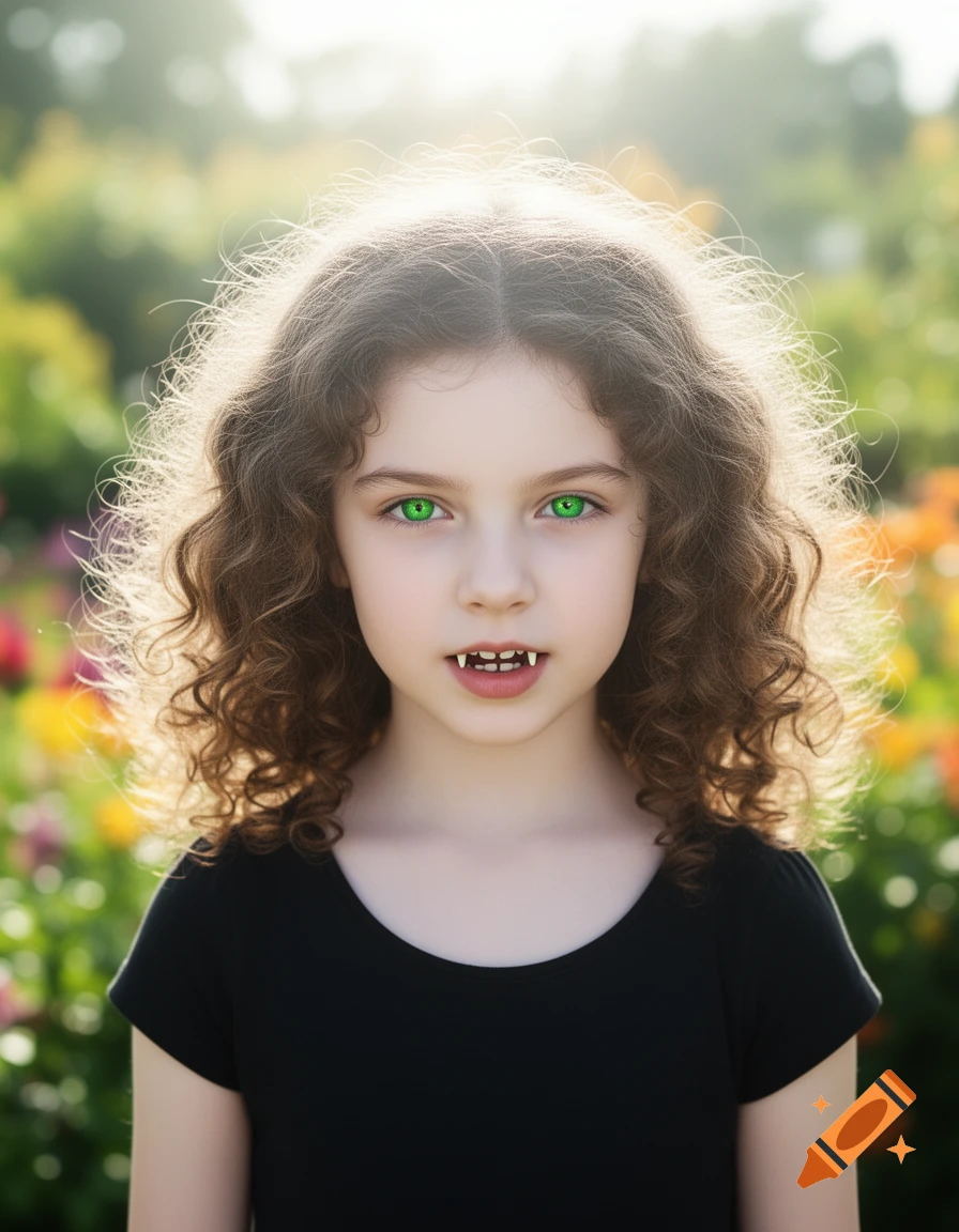 A young girl with curly brown hair, bright green eyes, and vampire fangs stands in a sunny garden.