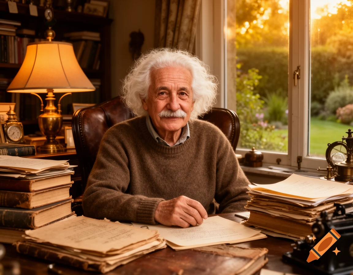 Photorealistic portrait of an old man resembling Albert Einstein with white hair and a mustache, sitting at a wooden desk with papers and books in a sunlit study.