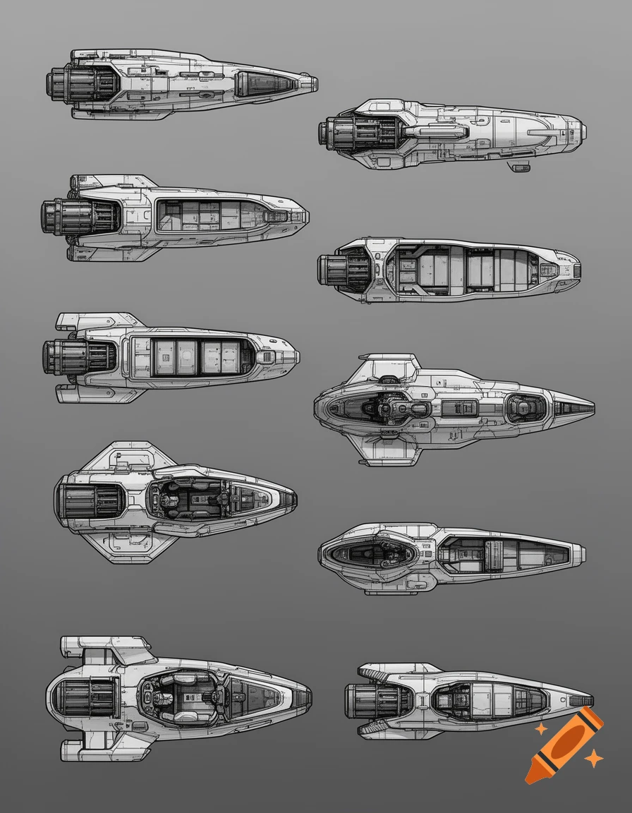 Ten detailed, top-down cross-section designs of various sci-fi spaceships in a technical drawing style on a gray background.