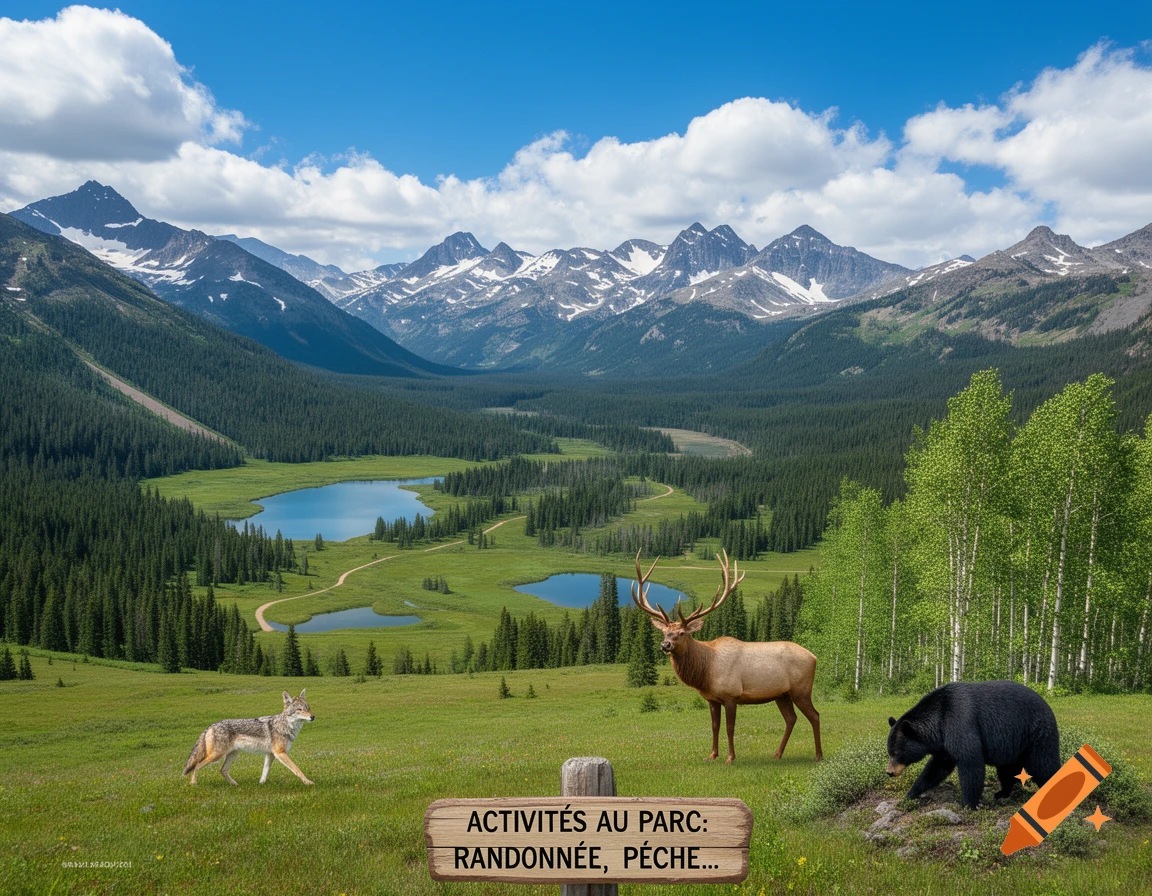 A photorealistic landscape of a mountain park with a lake, forest, a coyote, an elk, a bear, and a sign detailing activities.