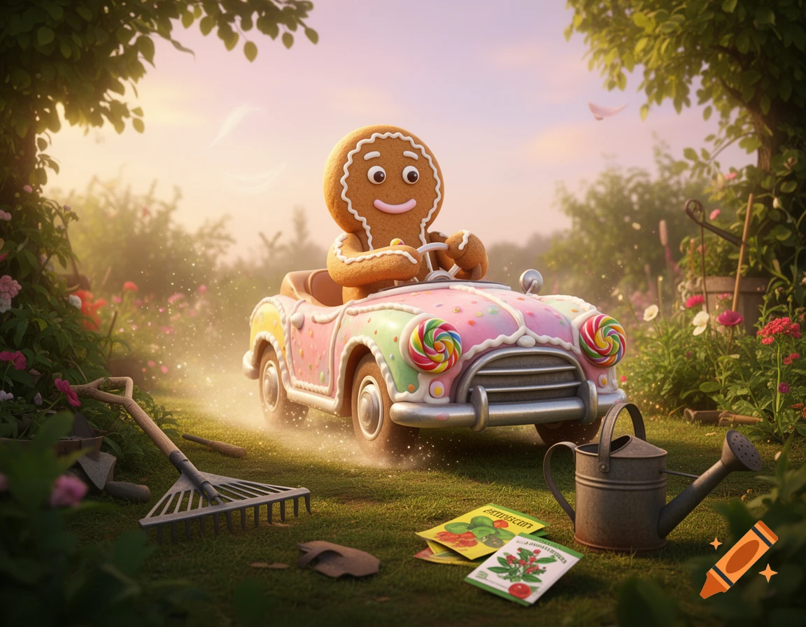 A whimsical gingerbread man drives a candy-decorated car through a sunny garden with gardening tools on the grass.