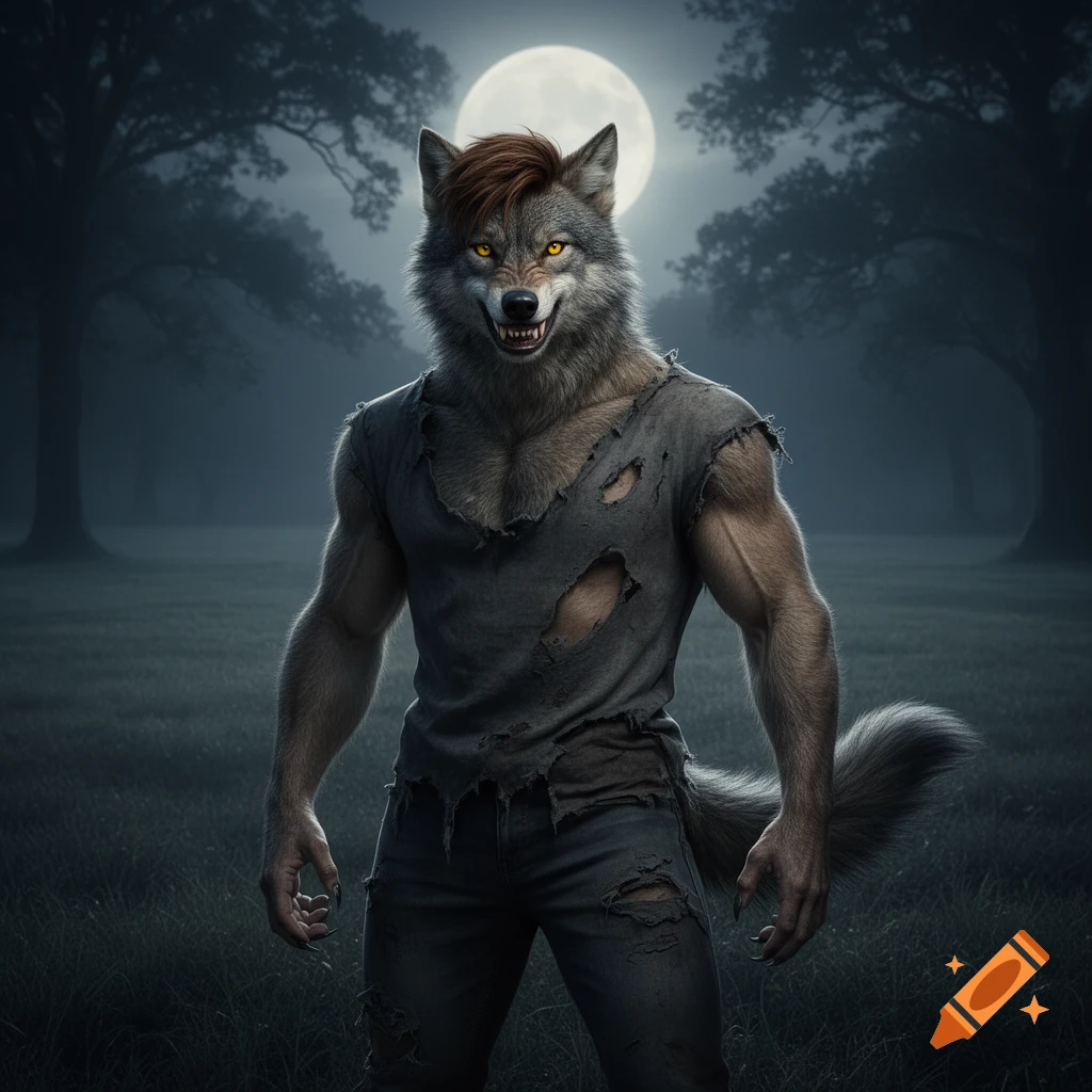 A muscular wolfman with yellow eyes, fangs, and torn clothes stands in a dark, moonlit forest.