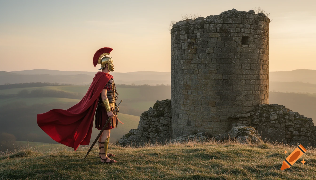 A lone Roman centurion stands on a grassy hill looking out at a round stone tower against a hazy sunrise, photorealistic.