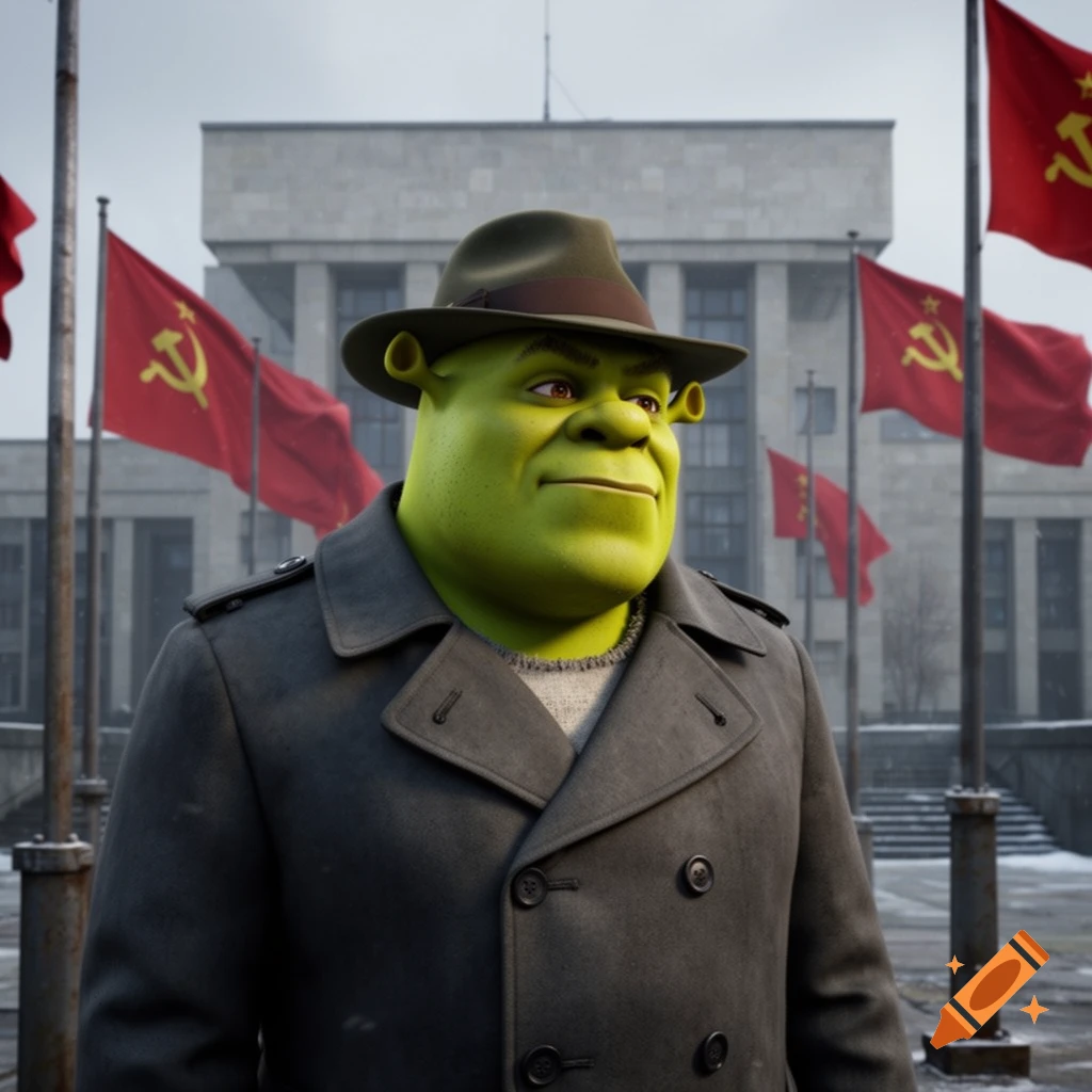 Photorealistic Shrek dressed as a spy in a trench coat and fedora stands before a building with Soviet Union flags.
