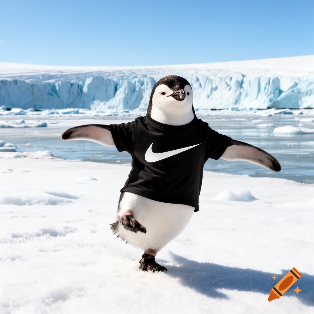 A baby emperor penguin in a black Nike t-shirt balances on one leg on a snowy Antarctic landscape.