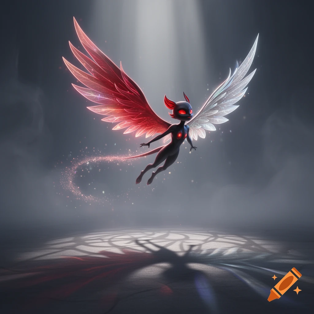 A stylized dark creature with red and white wings and glowing red eyes flies in a spotlight against a dark background.
