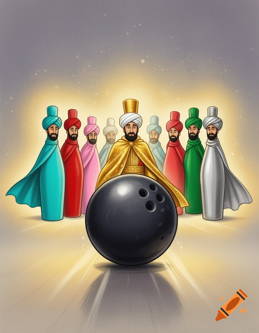 A stylized illustration featuring a black bowling ball rolling towards a group of figures dressed in traditional robes and turbans, resembling bowling pins. The central figure wears a golden robe and turban.