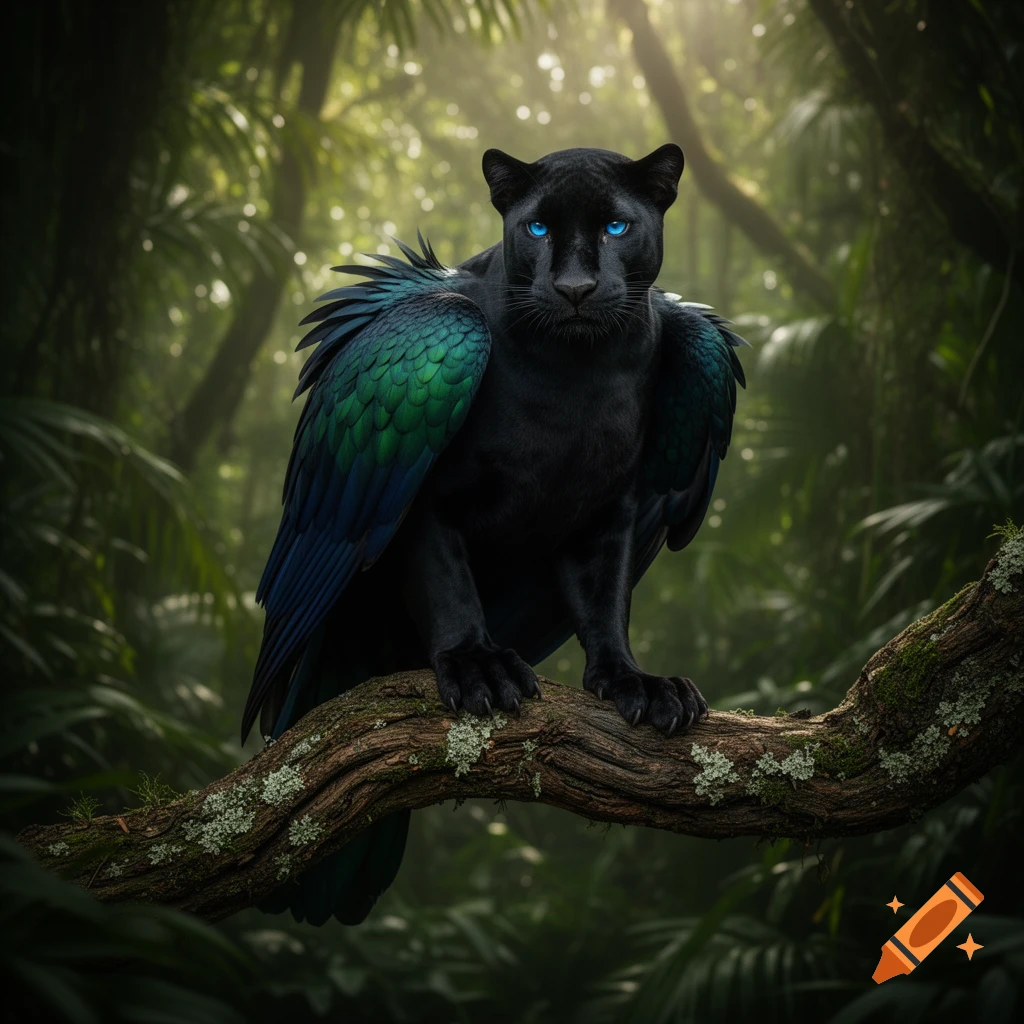 A black panther with iridescent green and blue bird wings and piercing blue eyes, perched on a mossy tree branch in a lush, sunlit jungle.