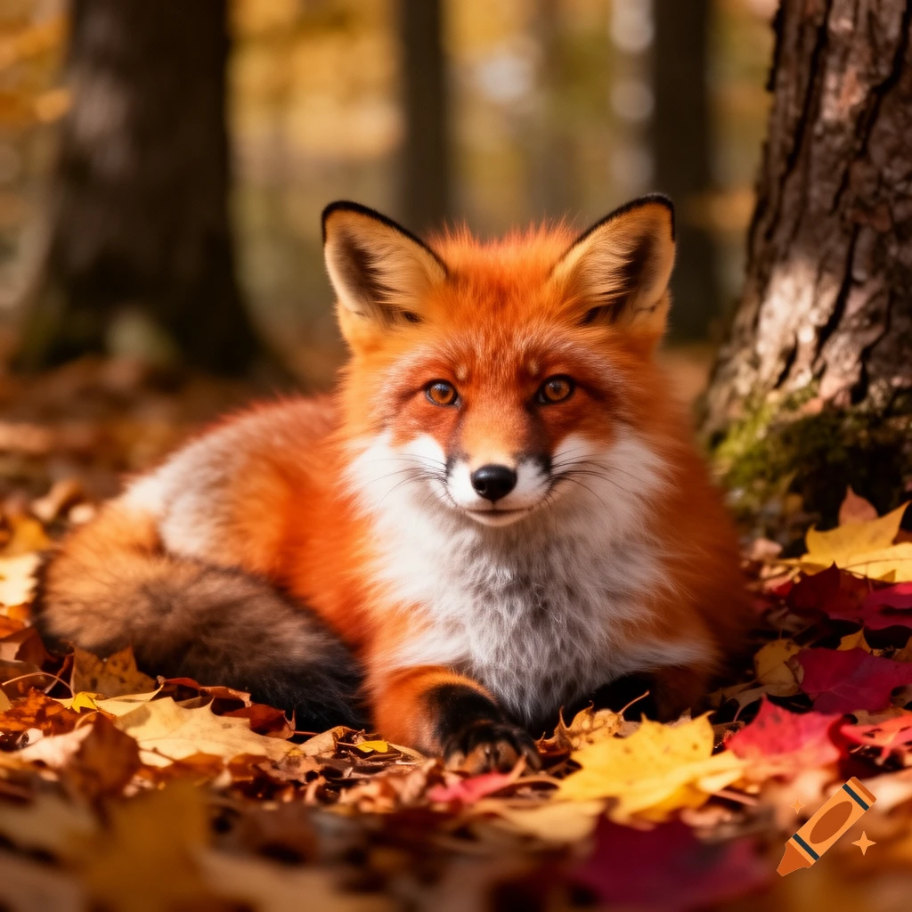 A photorealistic red fox with white and black markings lies in a bed of colorful autumn leaves in a forest, looking forward.