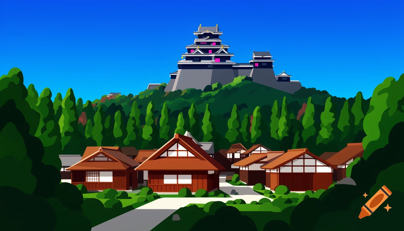 Vibrant flat design of a Japanese village with traditional houses, evergreen trees, and a dark castle on a hill under a clear blue sky.