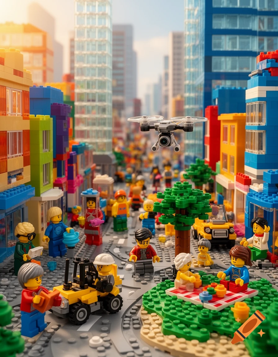 A vibrant LEGO city street bustling with minifigures, vehicles, and colorful buildings under a sunny sky, with a drone hovering.