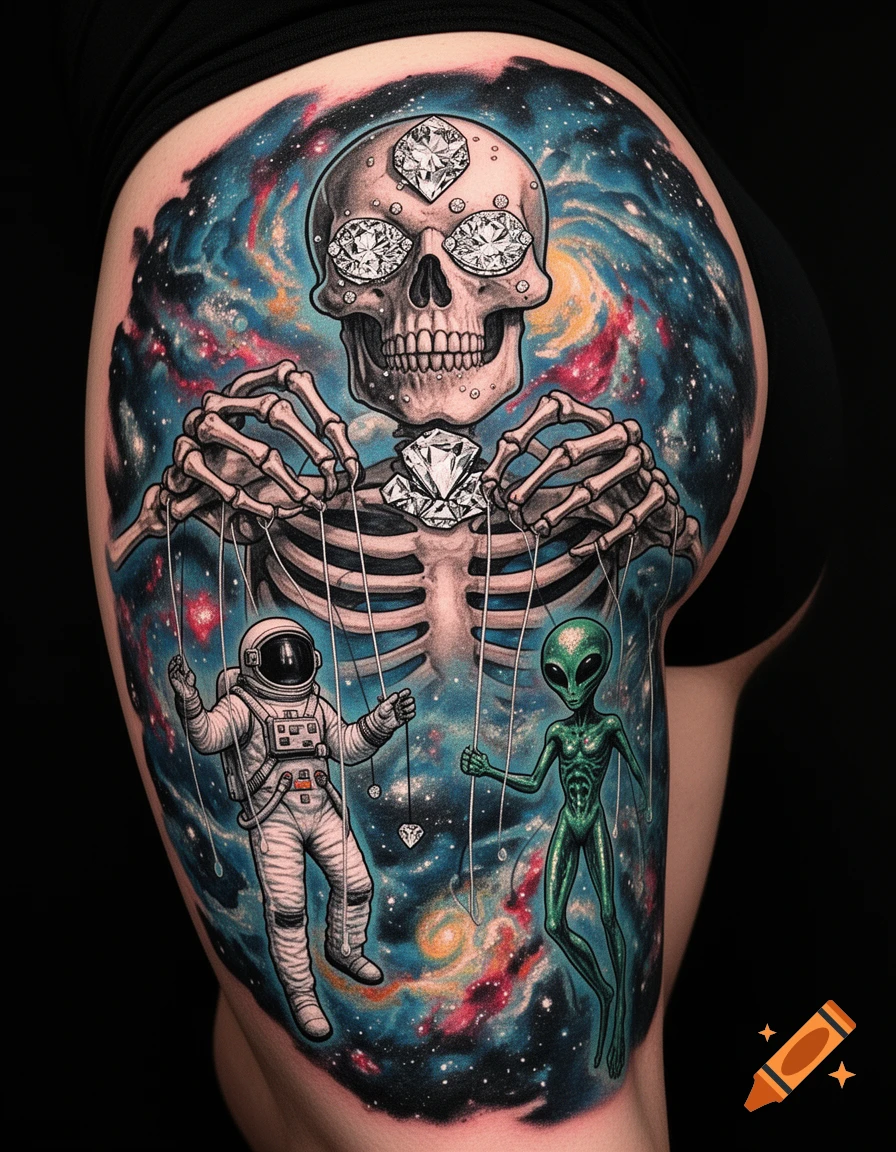 Vibrant tattoo on a thigh featuring a skeleton god with diamond eyes controlling astronaut and alien puppets in a galaxy.