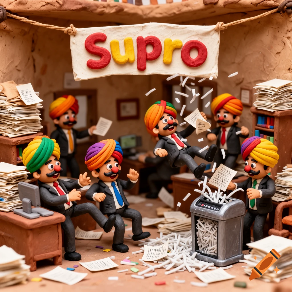Claymation scene of Indian men with turbans and suits in a chaotic office, with some shredding documents, under a 'Supro' banner.