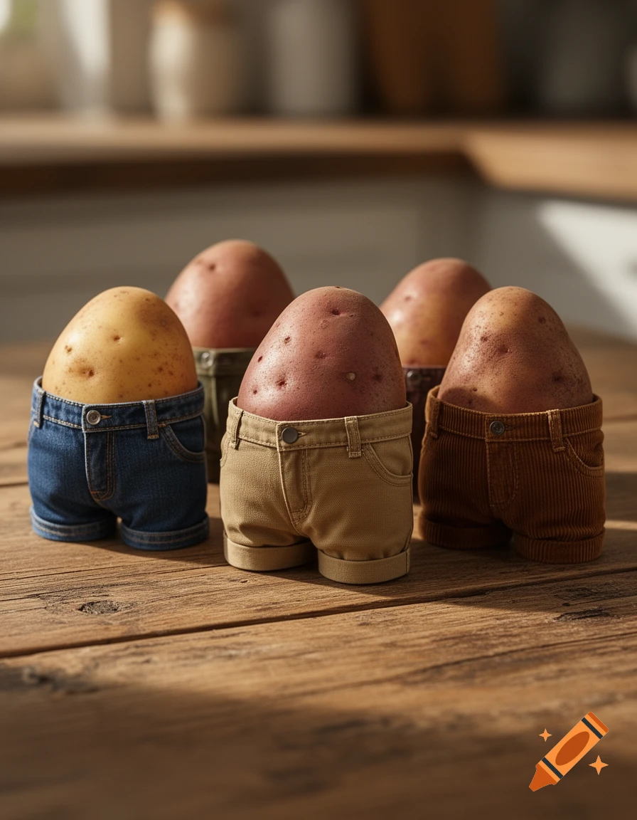 Five photorealistic potatoes wearing tiny denim, khaki, and corduroy shorts stand on a rustic wooden table.