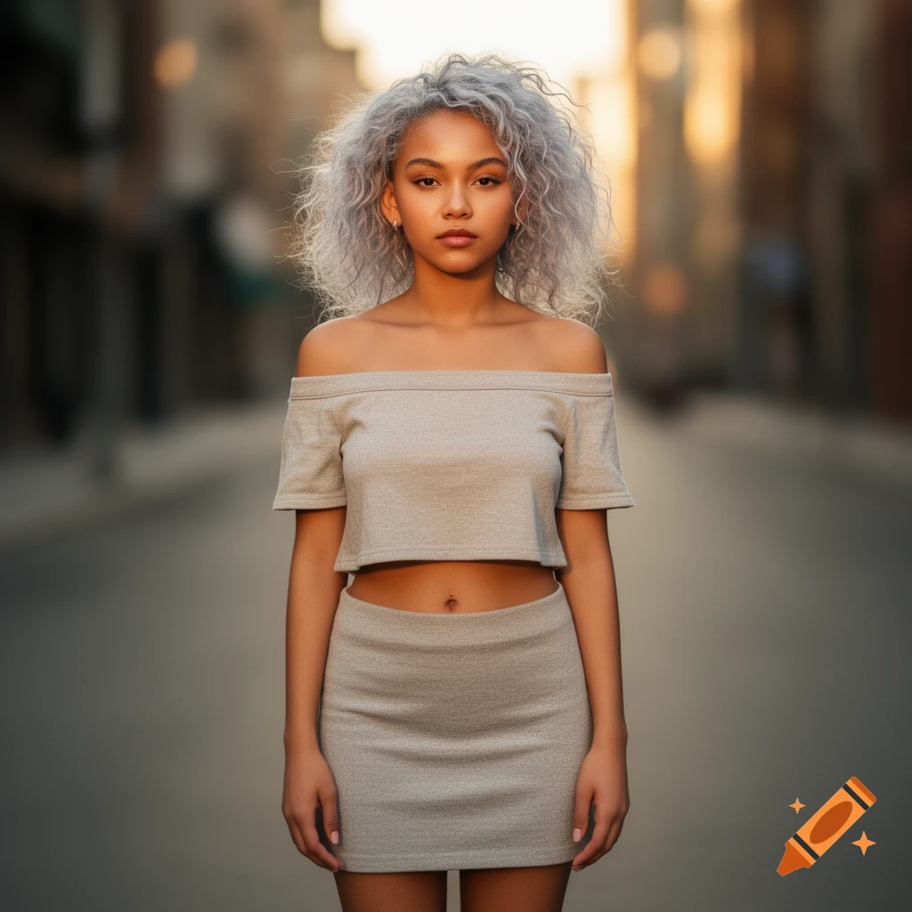 A young woman with frizzy silver hair and light brown skin stands on a street, wearing a beige off-shoulder crop top and mini skirt. Photorealistic.