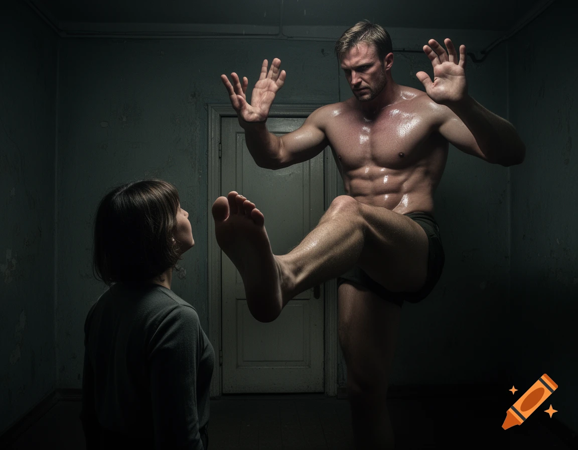 A muscular, shirtless man raises his hands and foot towards a woman looking up in a dark, unsettling room.