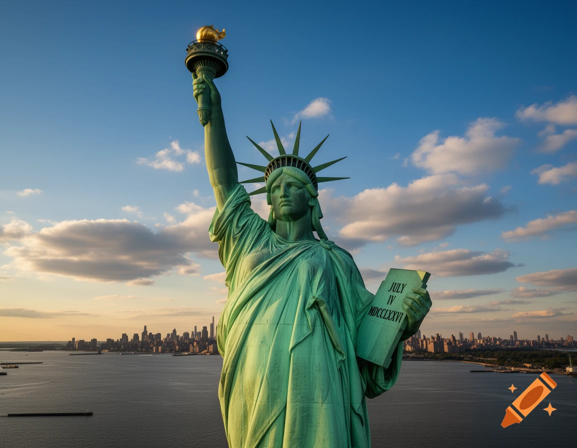 Photorealistic image of the Statue of Liberty against a sunset sky, overlooking a city skyline and water.